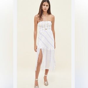 SUBOO “Giselle” Shirred Strapless Metallic Striped Midi Dress